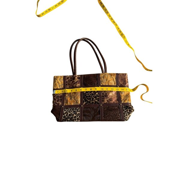 Animal Patchwork Tote Bag 14" X 9" Brown Vegan Leather By Bueno With Dual Straps - Picture 6 of 9